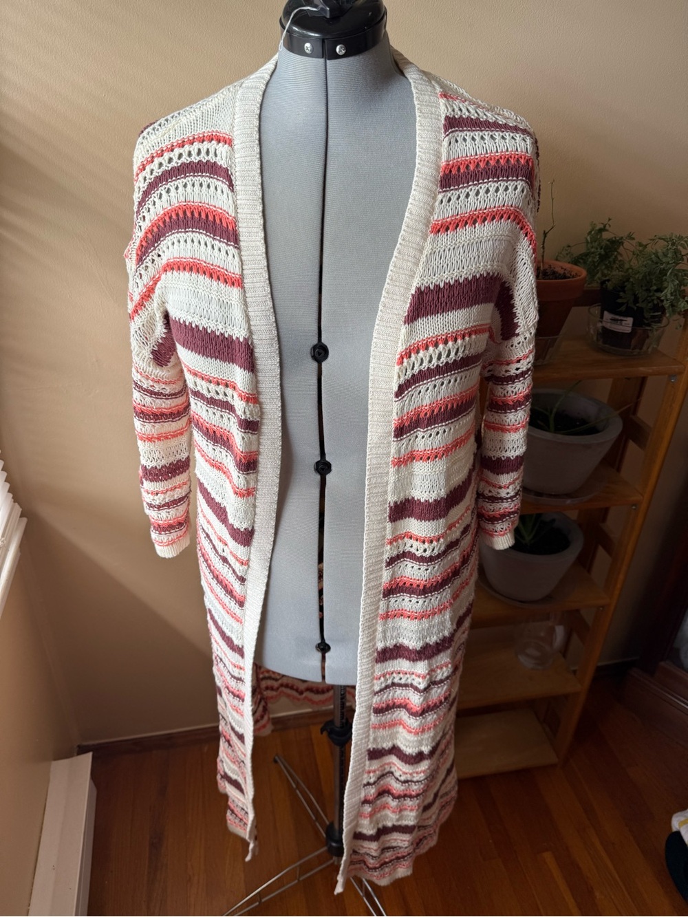 torrid Cream Open-Front Cardigan with Pink and Burgundy Stripes